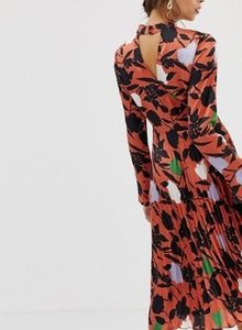 asos design pleated midi dress with fluted sleeve in floral print